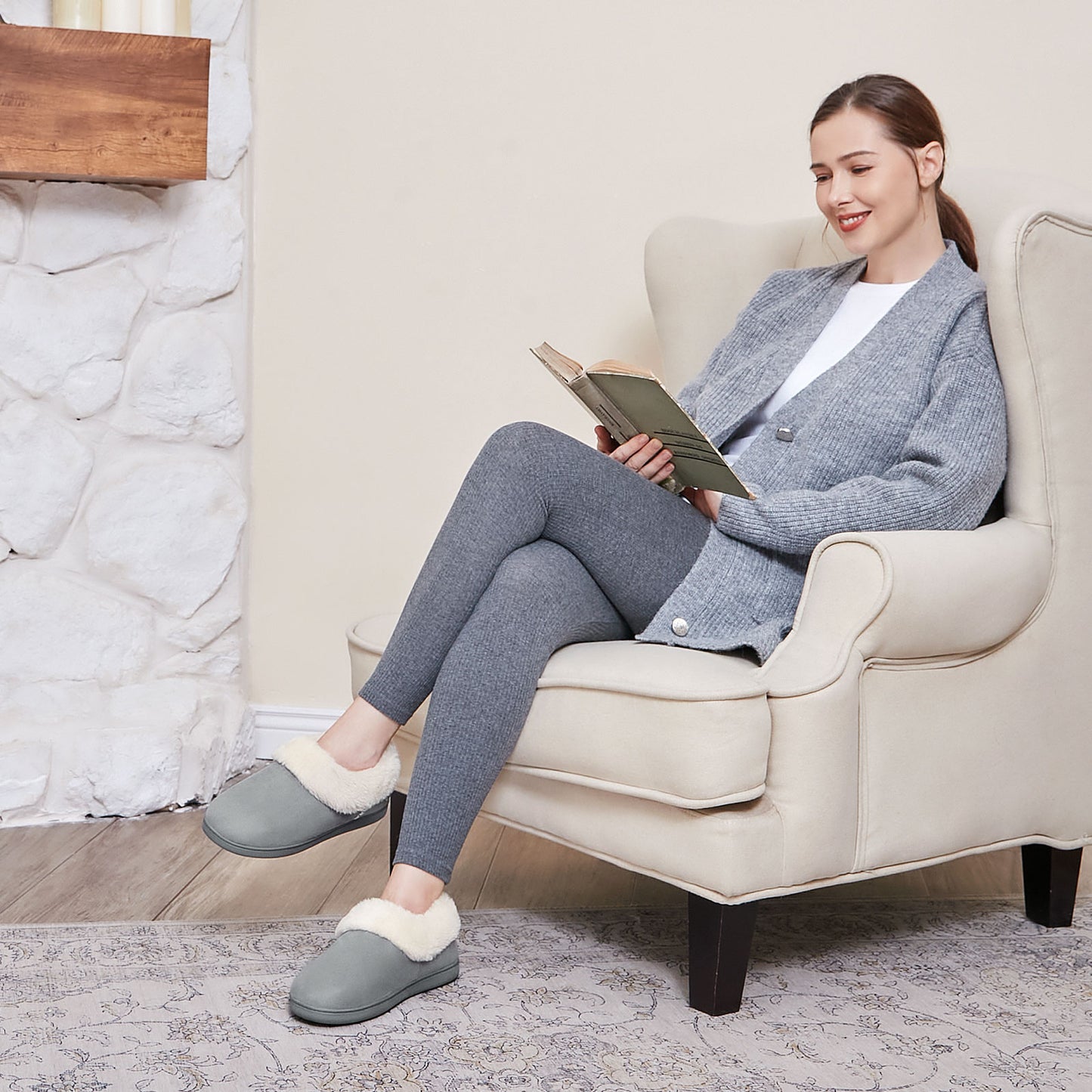 EverFoams Women's Faux Fur Bootie Slippers Ladies House Shoes with Bedroom Memory Foam and Indoor Outdoor Rubber Sole