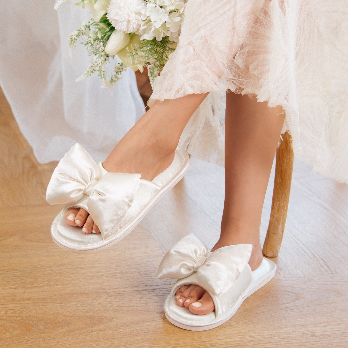EverFoams Women's Satin Open-Toe Bow Slippers