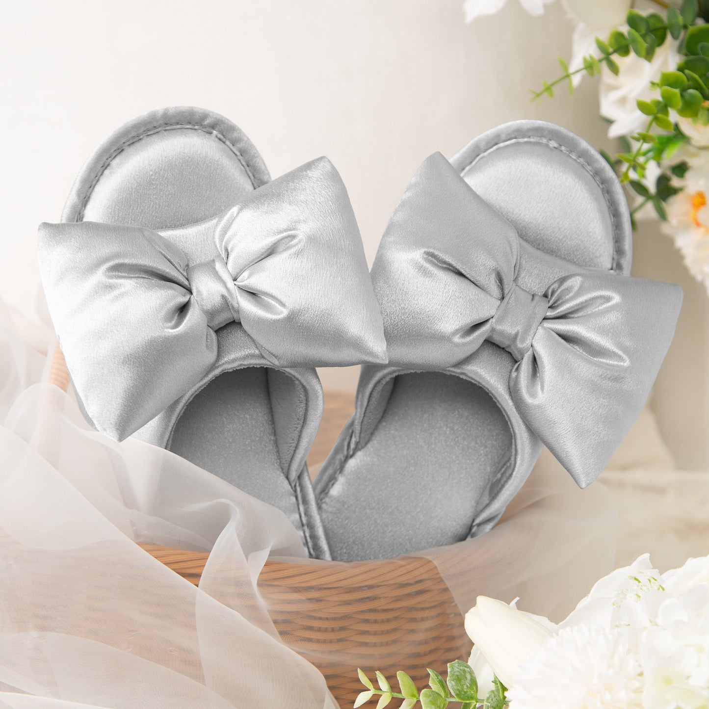 EverFoams Women's Satin Open-Toe Bow Slippers