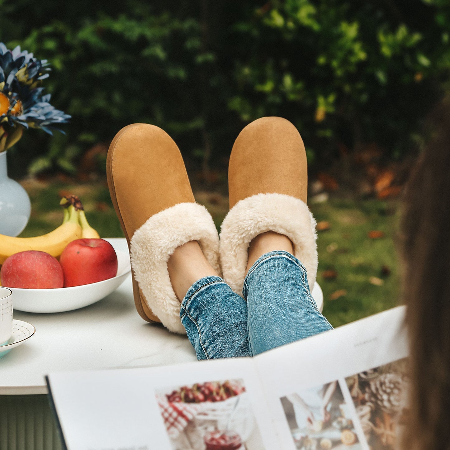 EverFoams Women's Faux Fur Bootie Slippers Ladies House Shoes with Bedroom Memory Foam and Indoor Outdoor Rubber Sole