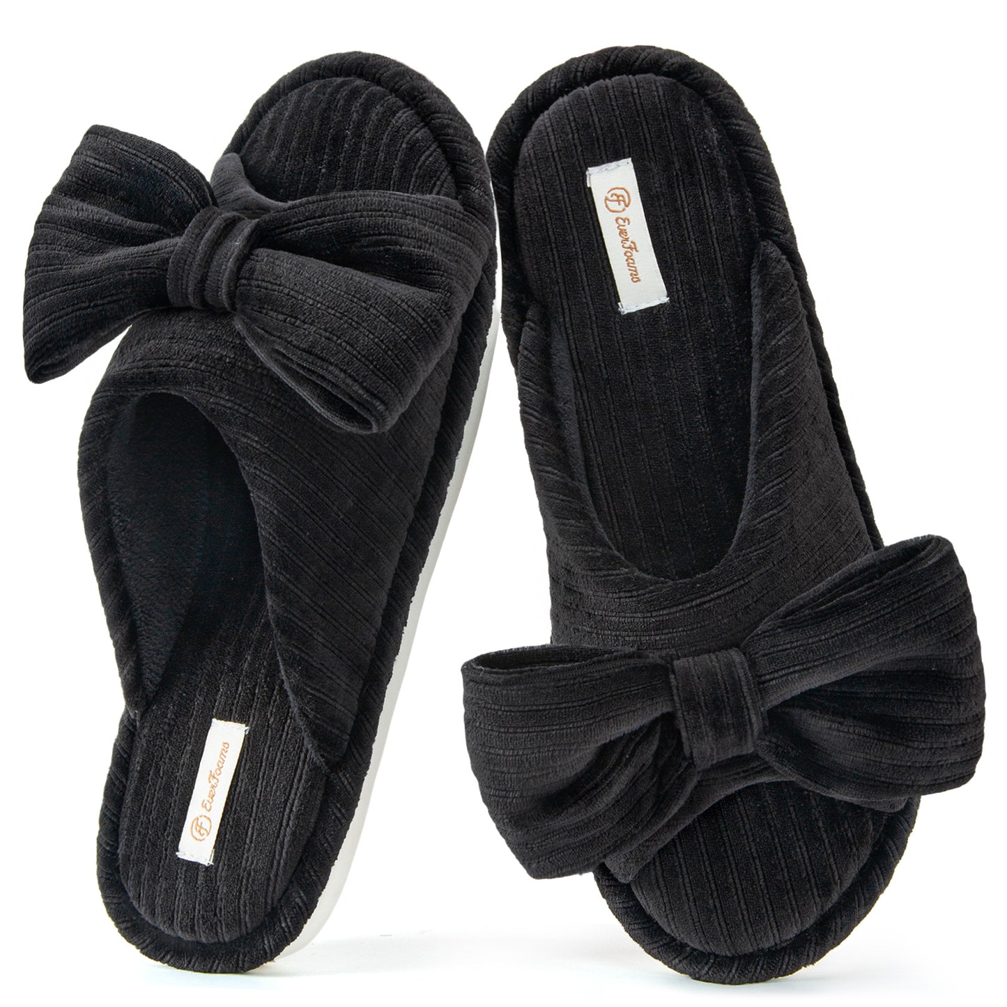 EverFoams Women's Open-Toe Bow Slippers with Memory Foam Indoor House Non-Slip Sole