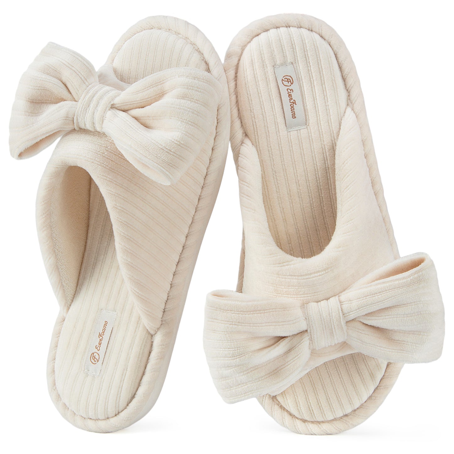 EverFoams Women's Open-Toe Bow Slippers with Memory Foam Indoor House Non-Slip Sole