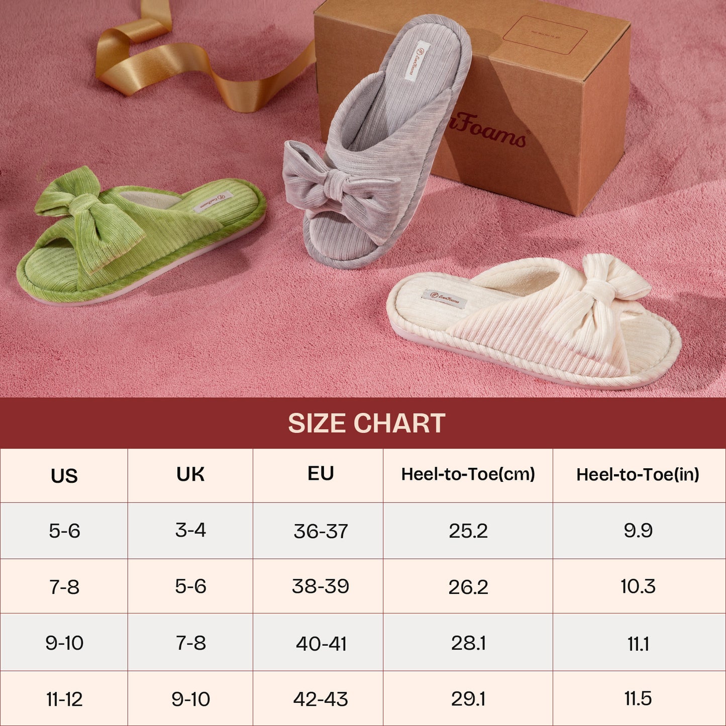EverFoams Women's Open-Toe Bow Slippers with Memory Foam Indoor House Non-Slip Sole