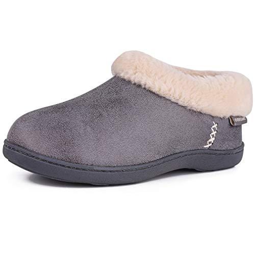 Ladies' EverFoams Suede Fuzzy Plush Lined Loafers Slippers-Grey