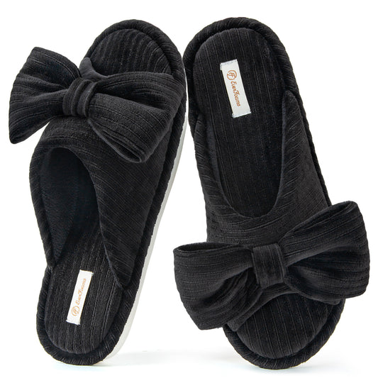 EverFoams Women's Open-Toe Bow Slippers with Memory Foam Indoor House Non-Slip Sole
