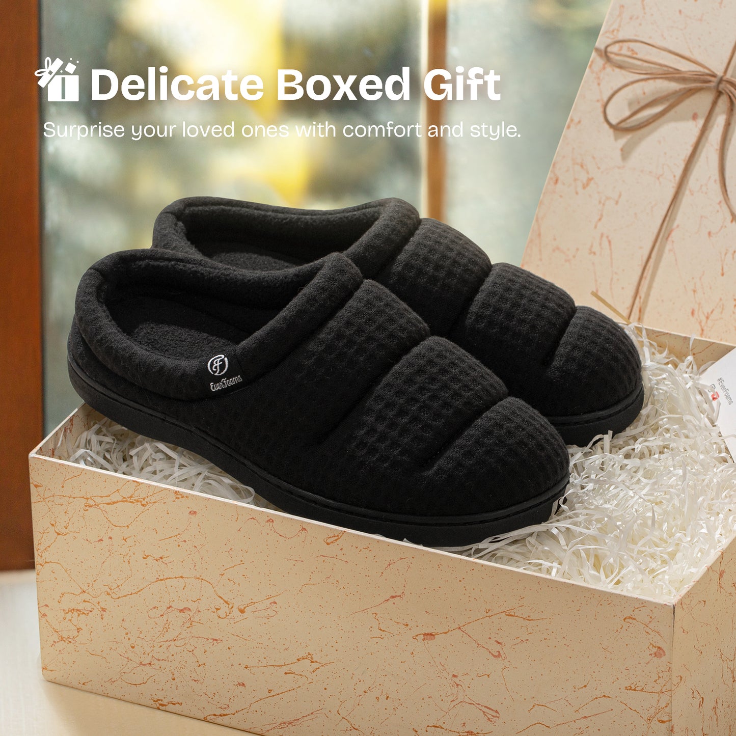 EverFoams Women's Cozy Waffle Slippers Soft Quilted Memory Foam Indoor House Shoes