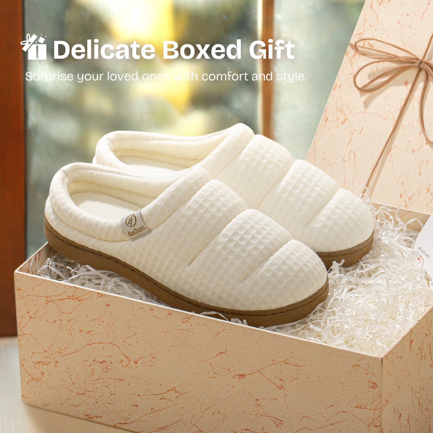 EverFoams Women's Cozy Waffle Slippers Soft Quilted Memory Foam Indoor House Shoes