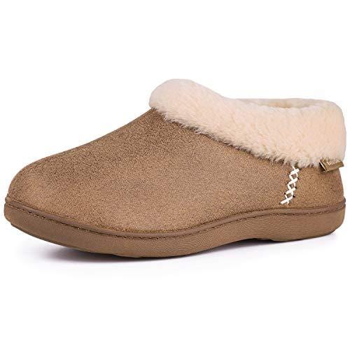 Ladies' EverFoams Suede Fuzzy Plush Lined Loafers Slippers-Tan