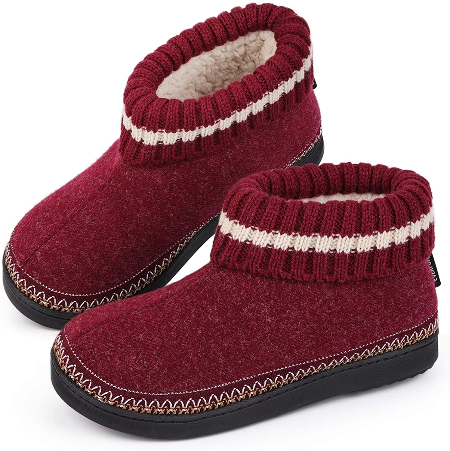 EverFoams Ladies Wool Memory Foam Hi-Top Boot Slippers with Knitted Collar-Wine Red