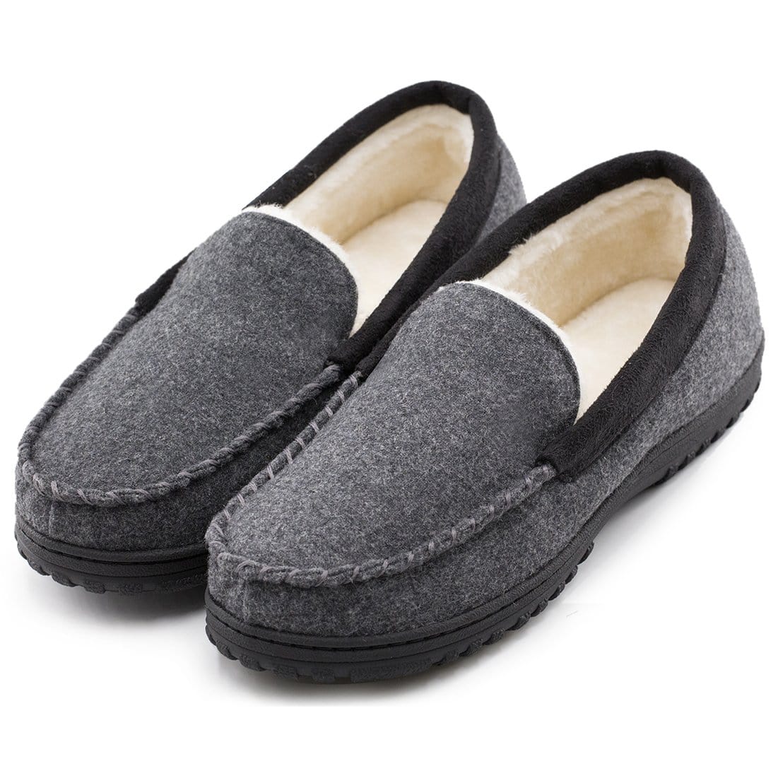 EverFoams Men's Wool-Felt Plush Fleece Lined Moccasin Slippers-Dark Grey